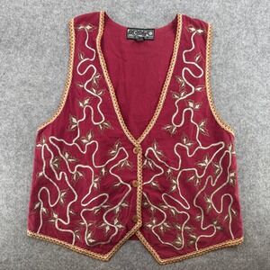Agapo Vest Womens Small Embroidered Leaf Burgundy Cotton Button Front EUC